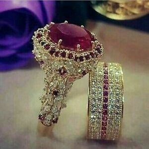 Fashion Women Jewelry 18K Solid Gold Ruby Ring Set Wedding Anniversary Size 5-11