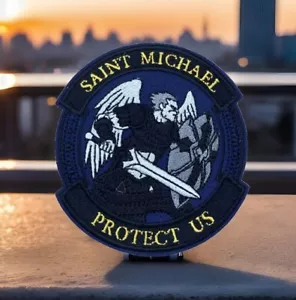 St Michael Protect Us Patch LEO Blue Embroidered on Twill Hook Side only - Picture 1 of 4