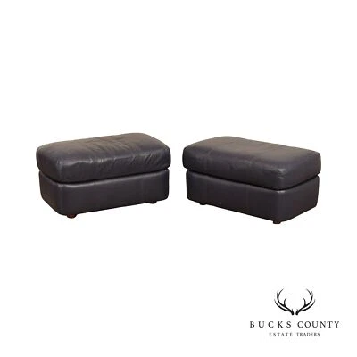 Henredon Vintage Pair of Blue Leather Ottomans - Image 1 of 4
