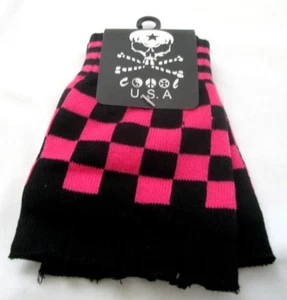 BLACK PINK CHECKERED PATTERN PUNK GOTHIC FINGERLESS CUTOFF GLOVES-NEW! - Picture 1 of 5