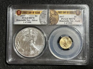VERY RARE SET ~ 2017 SILVER & GOLD BIMETALLIC SET PCGS MS 70 FIRST DAY OF ISSUE - Picture 1 of 2
