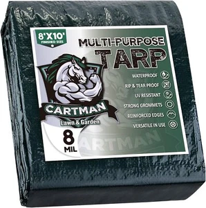 CARTMAN Finished Size 8x10 Feet Waterproof Green Poly Tarp 8 Mil Thick - Picture 1 of 6