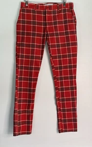 Black Friday Pants Men 30 Red Check Straight Leg Skinny Low Rise Stretch Punk - Picture 1 of 15