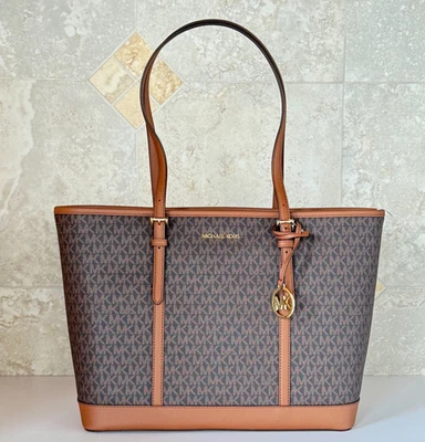 Michael Kors Jet Set Travel Large Top Zip Shoulder Tote Bag MK Brown - Image 1 of 4