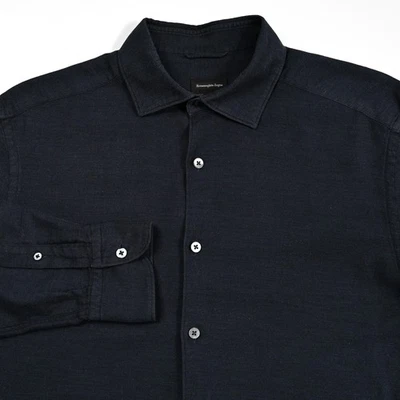Ermenegildo Zegna Cashco Shirt Men's Large Navy Cotton Cashmere L/S Please Read - Immagine 1 di 4