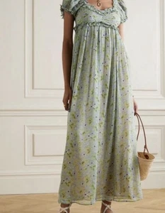 Doen Drew Dress Green Strawberry Moon Floral Size XS Silk Puff Sleeve Ruffle - Picture 1 of 10