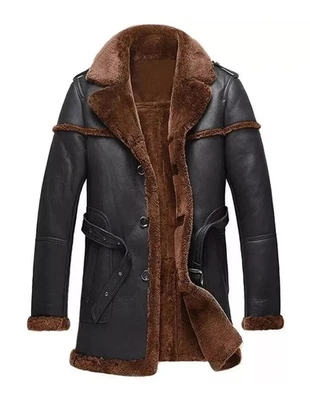 Men’s Brown Sheepskin Aviator Shearling Leather Jacket – Real Fur Winter Coat - Image 1 of 3