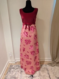 Vintage 1960s Handmade Pink Red Floral Satin Velvet Maxi Dress Sleeveless Small - Picture 1 of 13