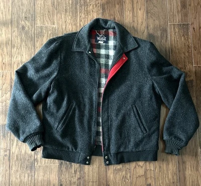 Vintage Woolrich Jacket Mens L Gray Wool Bomber Full Zip Collared Flannel Lined - Image 1 of 4
