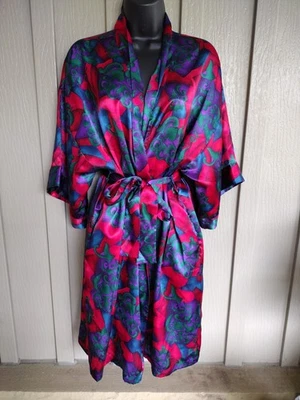CACIQUE Lingerie Red Purple Green Geometric Satin Sz Small Belted Robe - Image 1 of 4