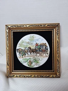 Vintage Miniature Art Work On Enamel Tile. Equestrian Stagecoach Scene. - Picture 1 of 5