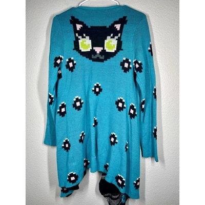 Cardigã feminino Iron First tamanho grande preto estampa de gato aberto suéter cardigã em excelente estado usado - Imagem 1 de 4