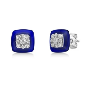 925 Sterling Silver Blue Ceramic Earrings with 0.13 Carat Diamond Fine Jewelry - Picture 1 of 8