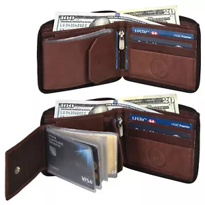 Men's Zipper RFID Blocking Premium Leather Zip-Around ID Bifold Wallet - Picture 1 of 8