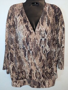 AK Anne Klein Women's Medium M V Neck ¾ Sleeve Brown Snake Print Blouse - Picture 1 of 2