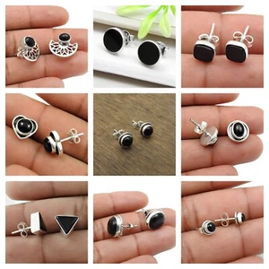 Stud Earrings Natural Black Onyx Gemstone 925 Sterling Silver Woman Gift Jewelry - Picture 1 of 16