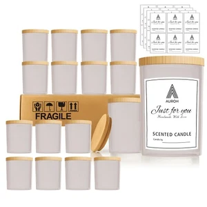 7 OZ Frosted Empty Candle Jars with Bamboo Lids and Sticky Labels for Making Can - Picture 1 of 18