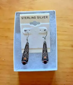 Sterling Silver (925) etched teardrop earrings 1"" pierced faux stone (ruby) - Picture 1 of 4