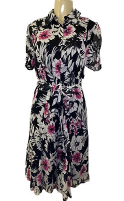 Liberte Ungaro Silk Shirt Dress Button Down Black Floral Short Sleeve Belt M 10 - Image 1 of 4