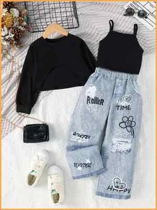 Conjuntos de Niñas Ropa Para Niña Elegantes Casuales Pantalón Azul Blusa Negra - Picture 1 of 18