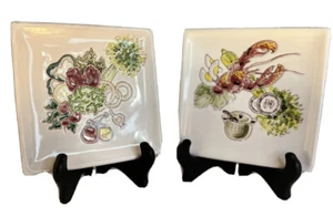 "Cerámica italiana, platos laterales cuadrados langosta y verduras pintados a mano, 6 1/4""" - Imagen 1 de 6