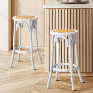 Oikiture 2x Bar Stools Kitchen Vintage Dining Chair Rattan Seat White - Picture 1 of 3