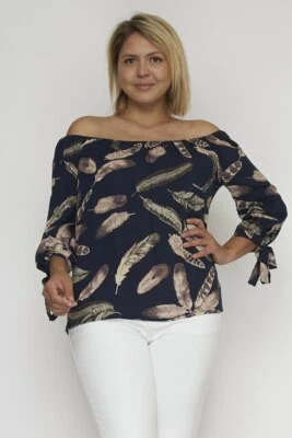 Top de mujer talla grande azul marino hombro frío 1XL estampado de plumas corbata acento  Foto 1 de 2