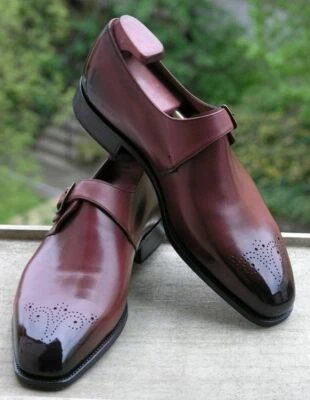 Men Handmade Shoes Maroon Leather Brogue Monk Formal Dress Casual Wear Boot New - Image 1 of 3