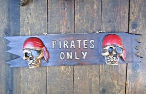 Fair Trade Hand Carved Made Wooden Skull Pirates Only Gothic Wall Plaque Sign - Picture 1 of 4