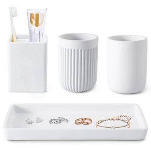 Resin Bathroom Toothbrush Cups Set With Holder And Tray 4 Pcs Matte White Bathro - Picture 1 of 6