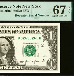 2021 $1 Federal Reserve Note PMG 67EPQ fancy repeater serial number 02630263 - Picture 1 of 3