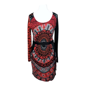 New DESIGUAL Cotton Skater Dress Size 10 Pockets Black Red Stretch Jersey BNWOT - Picture 1 of 18