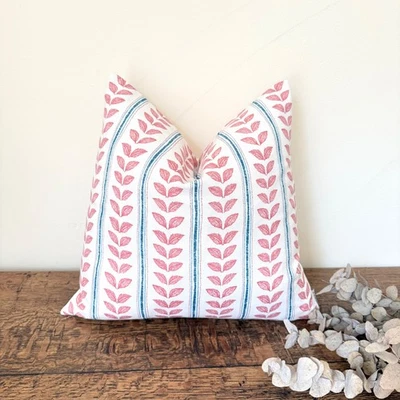 1714. EMMY Strawberry Red Leaves Stripes,100% cotton cushion cover,Various sizes - Image 1 of 4