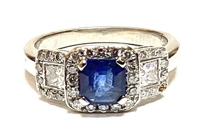18k Solid White Gold Natural Sapphire and Diamond Ring 5.1g Sz 6 - Image 1 of 4