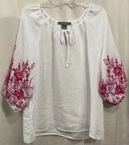 Olivia & Martin White Woven Boho Peasant Blouse Pink Embroidered Women Large - Picture 1 of 10
