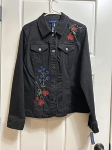 NEW Charter Club Black Denim Jacket Women's Floral Embroidered Stretch Large L - Picture 1 of 10