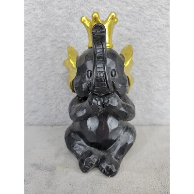 Cute Elephant Statue Figurine Crowned King Black & Gold Home Decor 8" Tall - Image 1 of 4