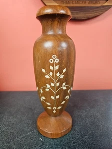 hand carved wooden vase with inlay 10 inch tall - Picture 1 of 6