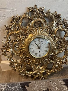 Vintage Syroco Wall Hanging Clock Gold Resin Ornate 8 Day Mid Century No Key - Picture 1 of 10