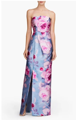 全新 Kay Unger Lucienne 花卉无肩带立柱礼服 珍珠蓝色 Multi. 18 码 — 第 1/4 张图片