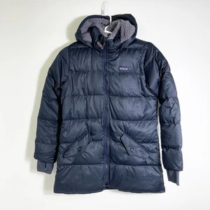 Patagonia Down Parka Jacket Navy Blue Hooded Full Zip Pocketed Girls Large 12 - Picture 1 of 3