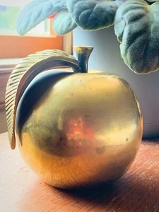 Vintage Large Brass Apple Paperweight With Stem Leaf Teacher Gift 5.5”Beautiful - Picture 1 of 4