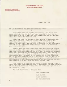 Mühlenberg College Allentown Pennsylvania 1968 Football Team Rekrutierungsbrief - Bild 1 von 2