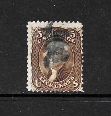 US Scott #95 "F" grill, Used brown 5 cent Jefferson, short perfs, VG/F, sound - Image 1 of 2
