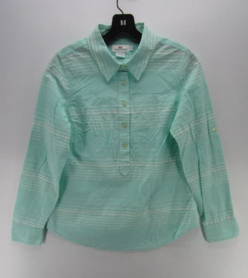 Camisa Vineyard Vines para mujer 4 verdes con botones a rayas lengüeta enrollable cuello preppy* Foto 1 de 4