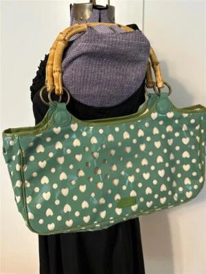 Moschino Hearts Green Bamboo Handles PVC Canvas Hand Bag NWOT - Image 1 of 4
