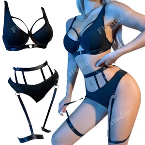 Women's Sexy Lingerie Punk Set Garter Belt Thong Underwire Bra Panty Gothic Set - Picture 1 of 19