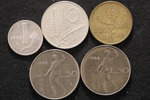Lot of 5 coins: Italy 1955 1 Lira, 1952 10 Lire, 1957 20 L, 1955,1964 50L (F414) - Picture 1 of 2