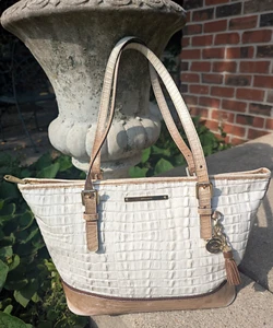 FOR CHARITY: Brahmin Medium Asher Fossil Leather Embossed Croc Ivory Satchel - Picture 1 of 13