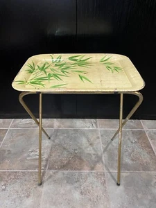 TV Snack Tray, Metal Vintage Folding, Beige Bamboo Design, MCM Mid Decor Flawed - Picture 1 of 8